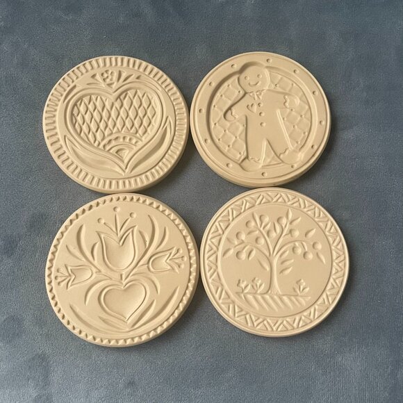 Set of 4 Round Clay Cookie Mold/Stamps - Picture 1 of 5